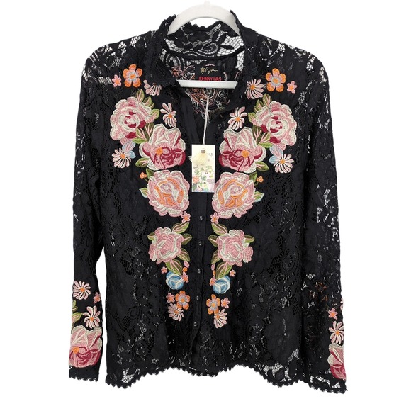 Johnny Was Tops - Johnny Was Veronne Lace Embroidered Black Button Up Blouse Shirt Boho Chic Small